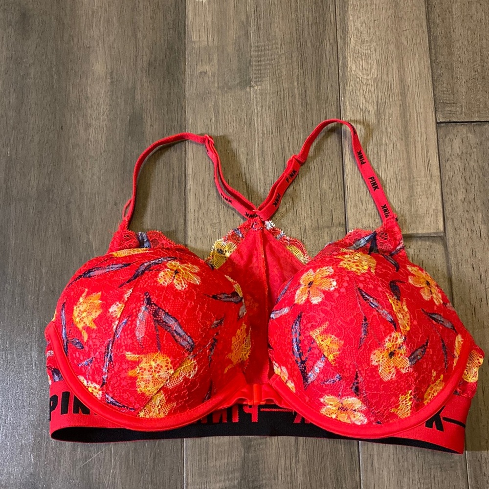PINK Victoria’s Secret Red Floral Lace Date Push Up Racerback Bra Size 32D